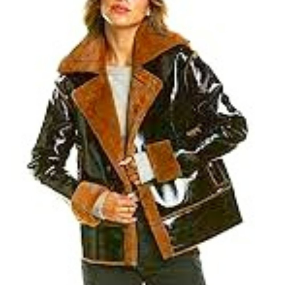 💥RETRO CHIC💥Fur Lined Vinyl Borg Jacket in Black & Brown
